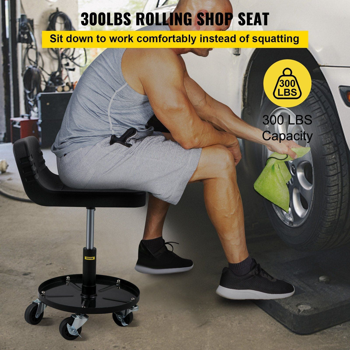 Rolling Garage Stool, 300LBS Capacity, Adjustable Height from 15.7 in to 20.5 in, Mechanic Seat with 360-degree Swivel Wheels and Tool Tray, for Workshop, Auto Repair Shop, Black