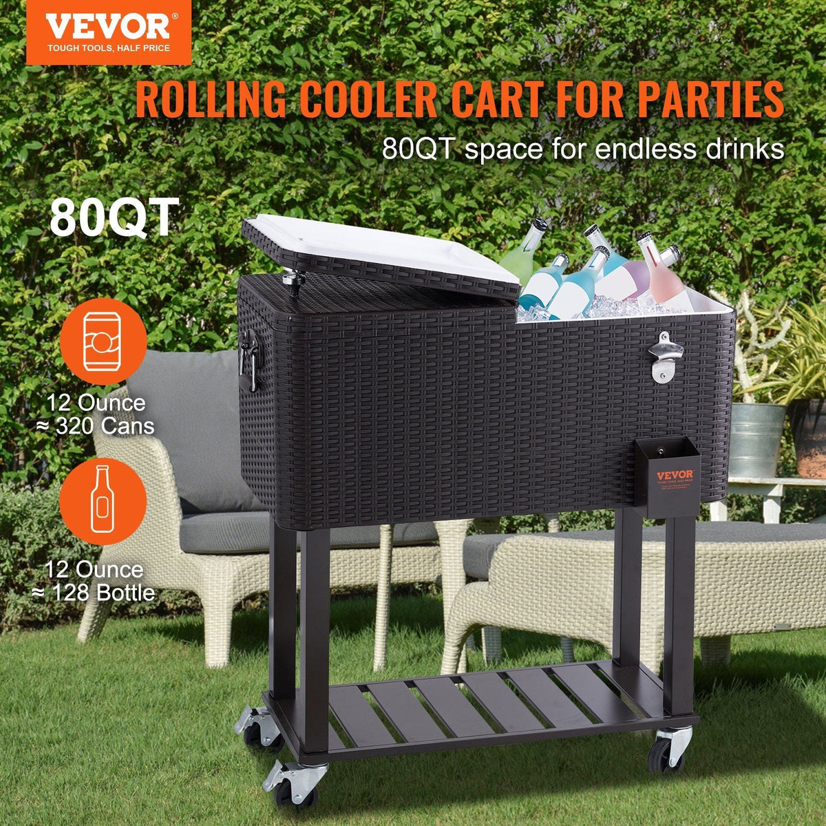Rolling Ice Chest Cooler Cart 80 Quart, Portable Bar Drink Cooler, Beverage Bar Stand Up Cooler with Wheels, Bottle Opener, Handles for Patio Backyard Party Pool, Wooden Rattan Accent, Brown