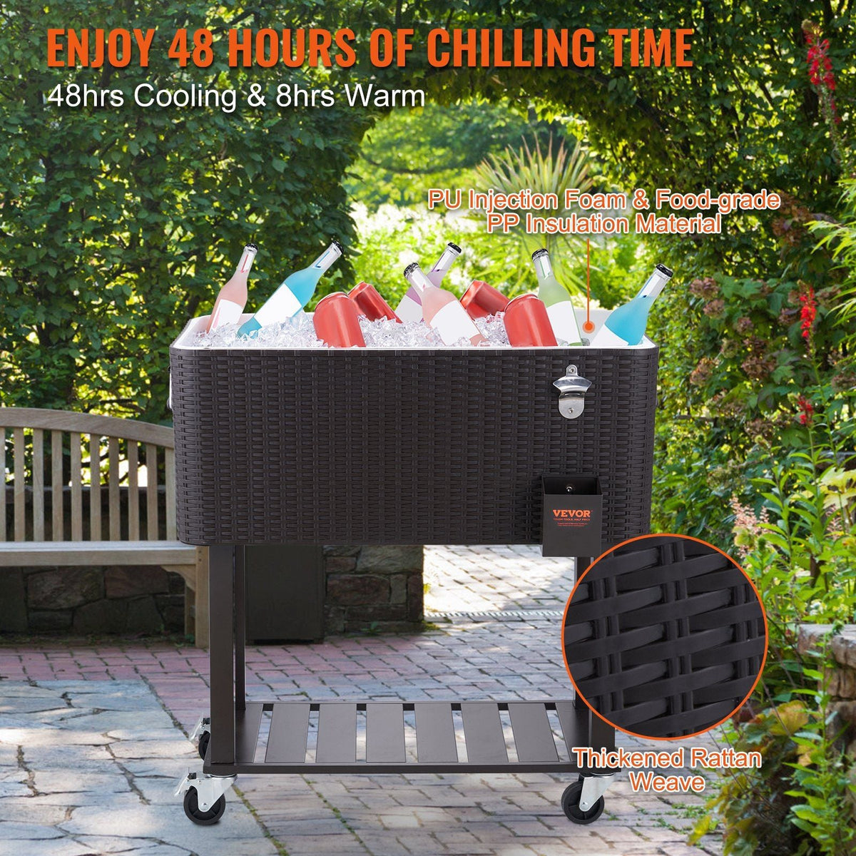 Rolling Ice Chest Cooler Cart 80 Quart, Portable Bar Drink Cooler, Beverage Bar Stand Up Cooler with Wheels, Bottle Opener, Handles for Patio Backyard Party Pool, Wooden Rattan Accent, Brown