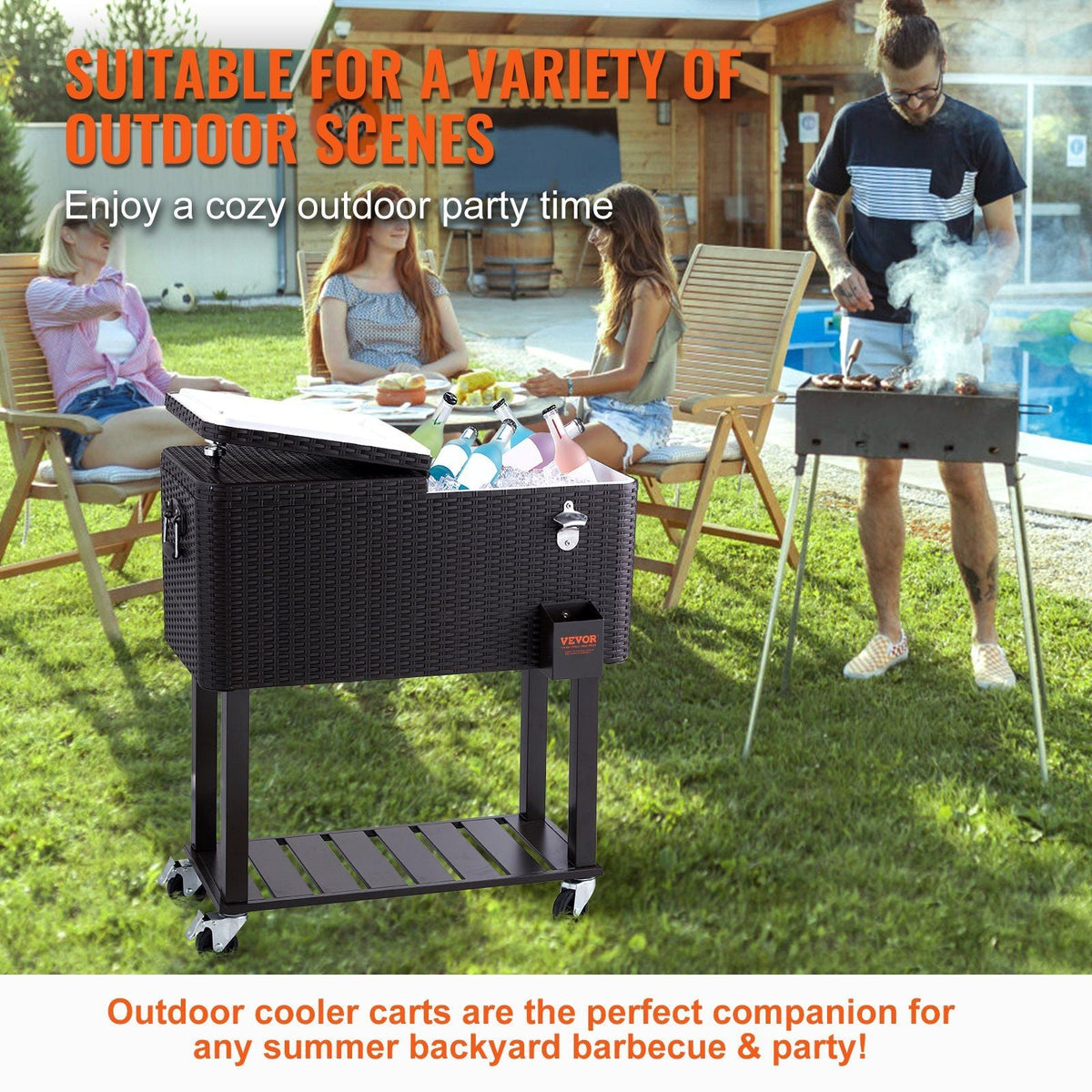 Rolling Ice Chest Cooler Cart 80 Quart, Portable Bar Drink Cooler, Beverage Bar Stand Up Cooler with Wheels, Bottle Opener, Handles for Patio Backyard Party Pool, Wooden Rattan Accent, Brown