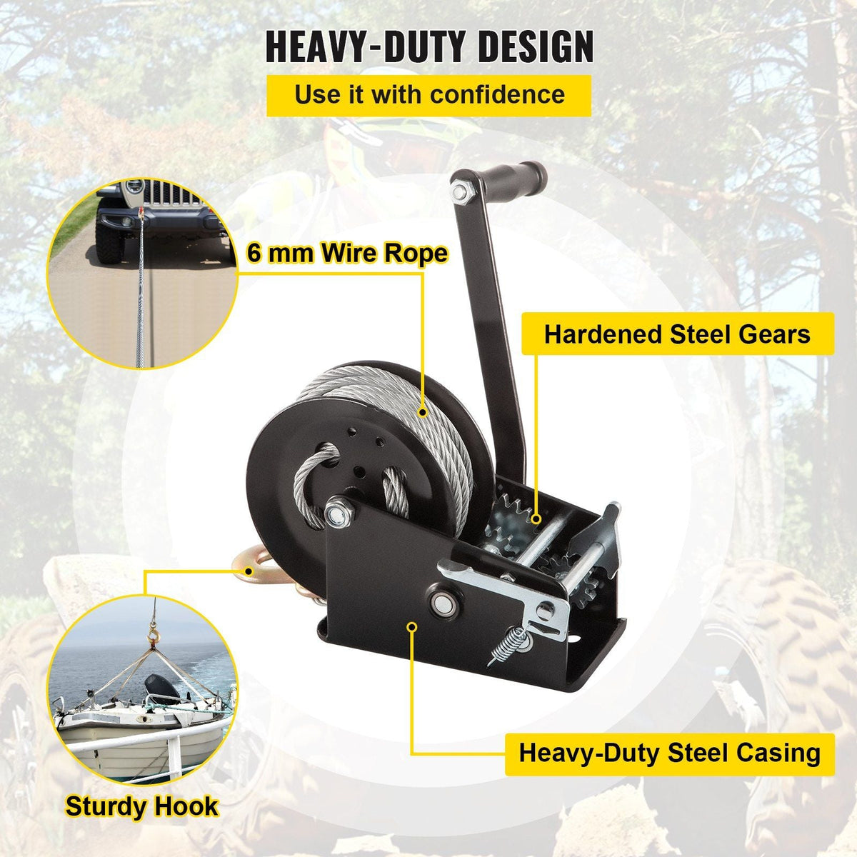 Rope Crank, 3500 LBS Capacity Heavy Duty Hand Winch with 10 m(32.8 ft) Wire Cable and Alloy Hook, w/ 2-Gear Two-Way Manual Operated Ratchet, for ATVs Boats Trailers Trucks Auto Marine, Black
