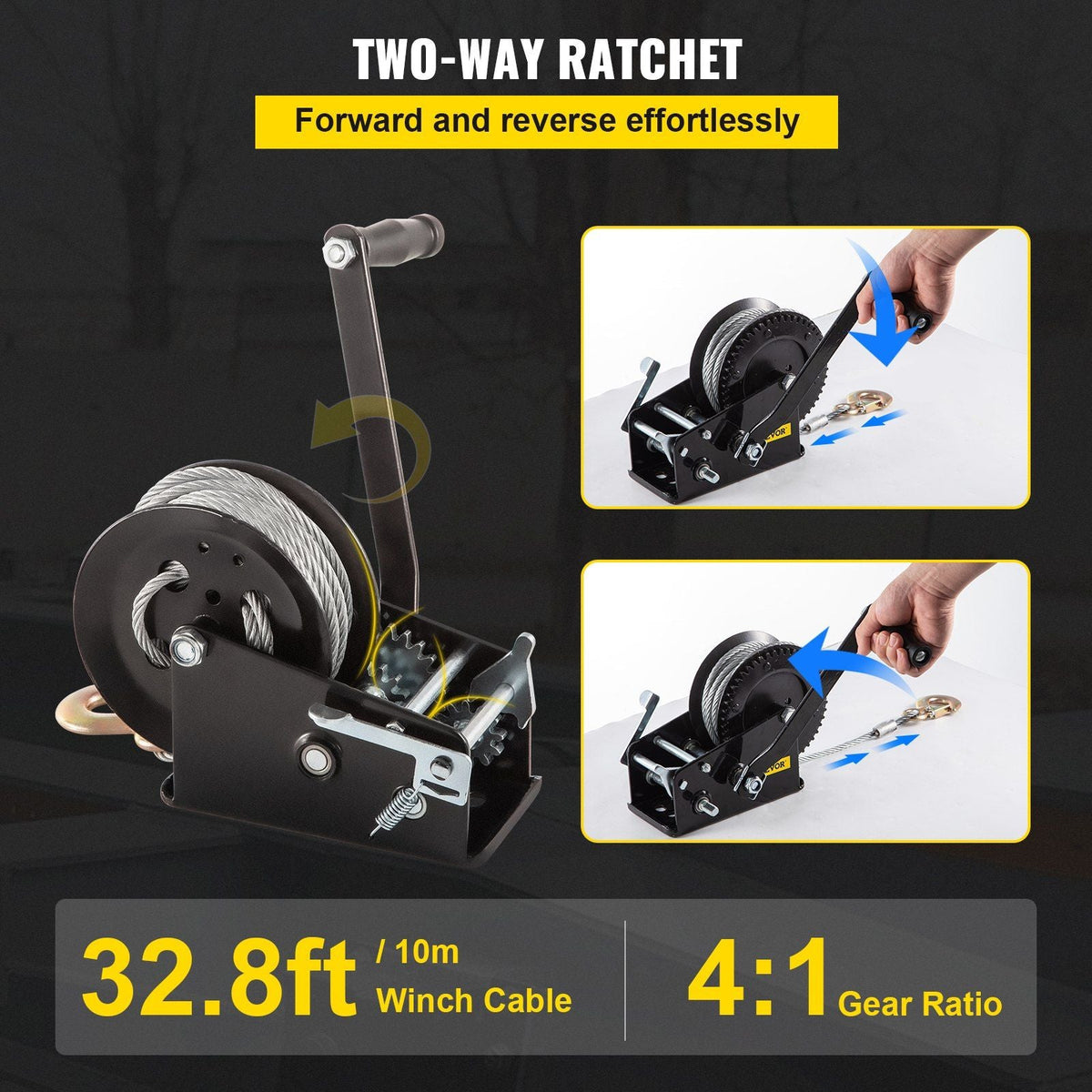 Rope Crank, 3500 LBS Capacity Heavy Duty Hand Winch with 10 m(32.8 ft) Wire Cable and Alloy Hook, w/ 2-Gear Two-Way Manual Operated Ratchet, for ATVs Boats Trailers Trucks Auto Marine, Black