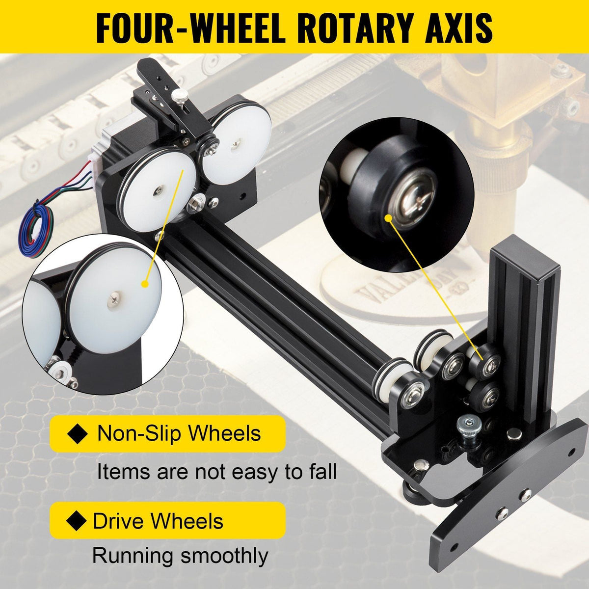 Rotary Axis Attachment, 4 Wheels Laser Rotary Attachment, 57 Stepper Motor Laser Cutter Rotary, 50 mm-350 mm Carve Length for Engraving Cutting Machine Spherical Carving Cylinder Carving