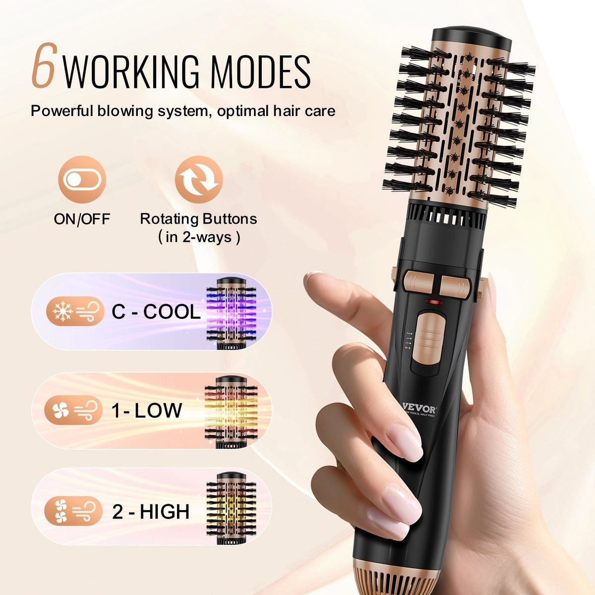 Rotating Hair Dryer Brush Hot Air Styling Brush with 3 Interchange Heads