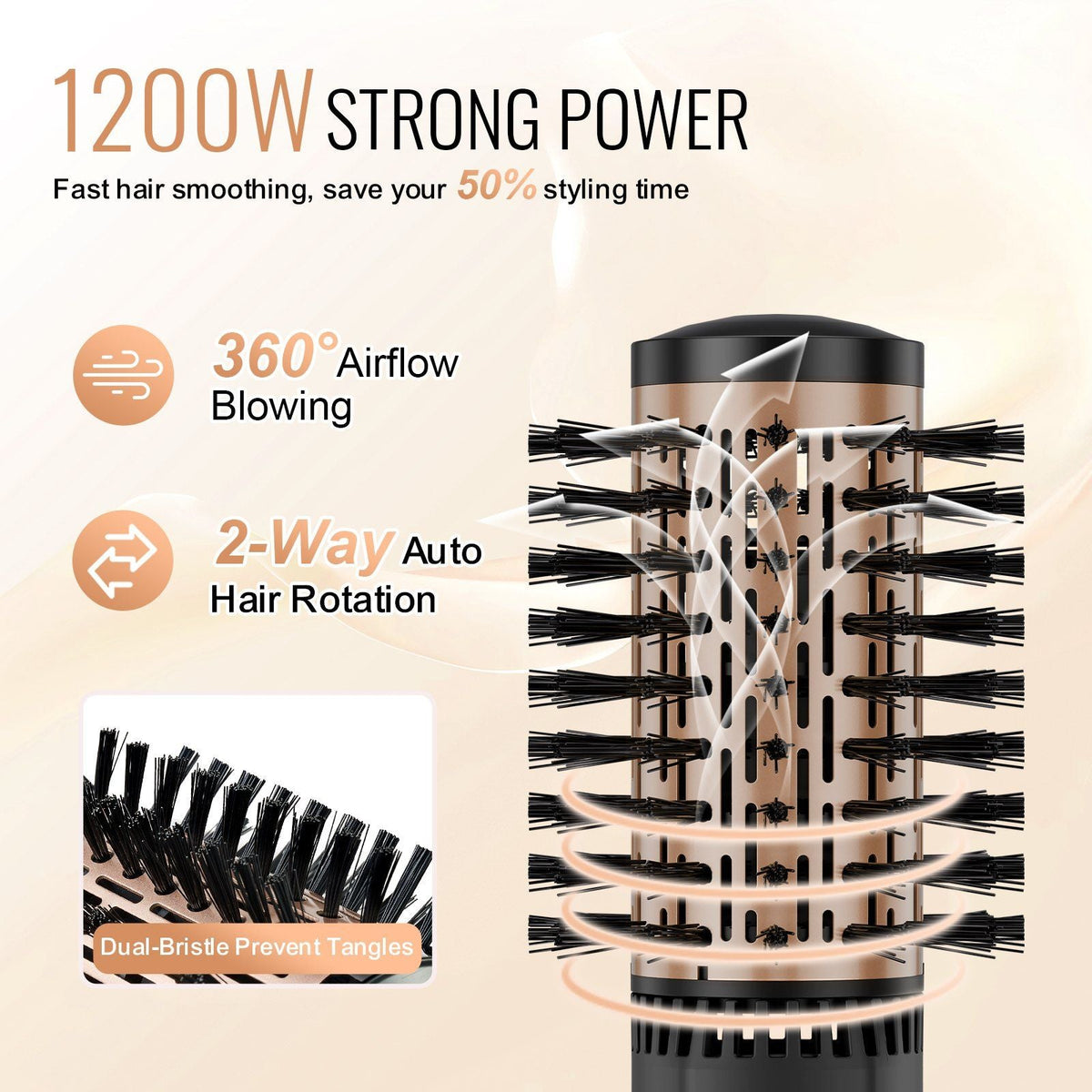 Rotating Hair Dryer Brush Hot Air Styling Brush with 3 Interchange Heads