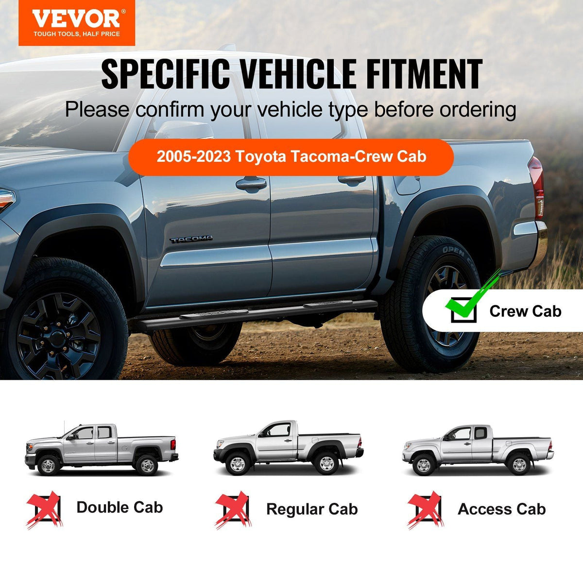 Running Boards 3" Step Bars Fit 2005-2023 Toyota Tacoma-Crew Cab 500LBS