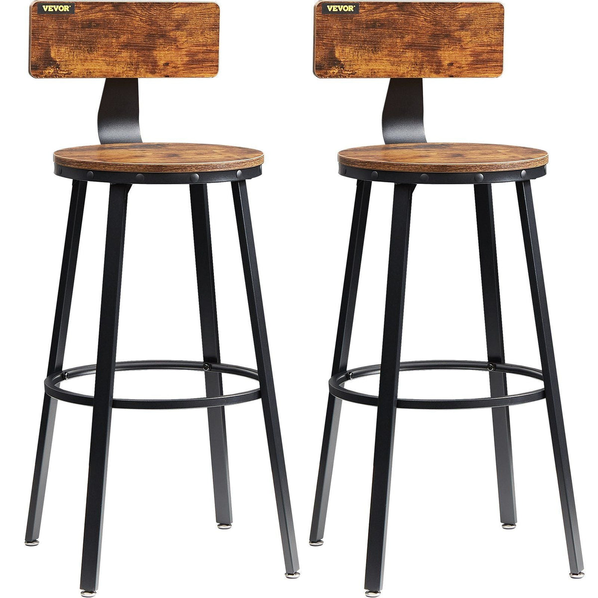 Rustic Bar Stools Counter Height Round Bar Chairs with Backrest 29" 2 Set
