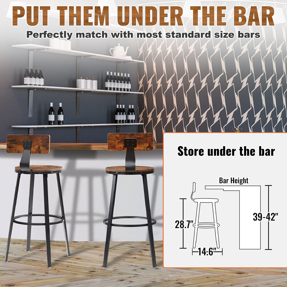 Rustic Bar Stools Counter Height Round Bar Chairs with Backrest 29" 2 Set
