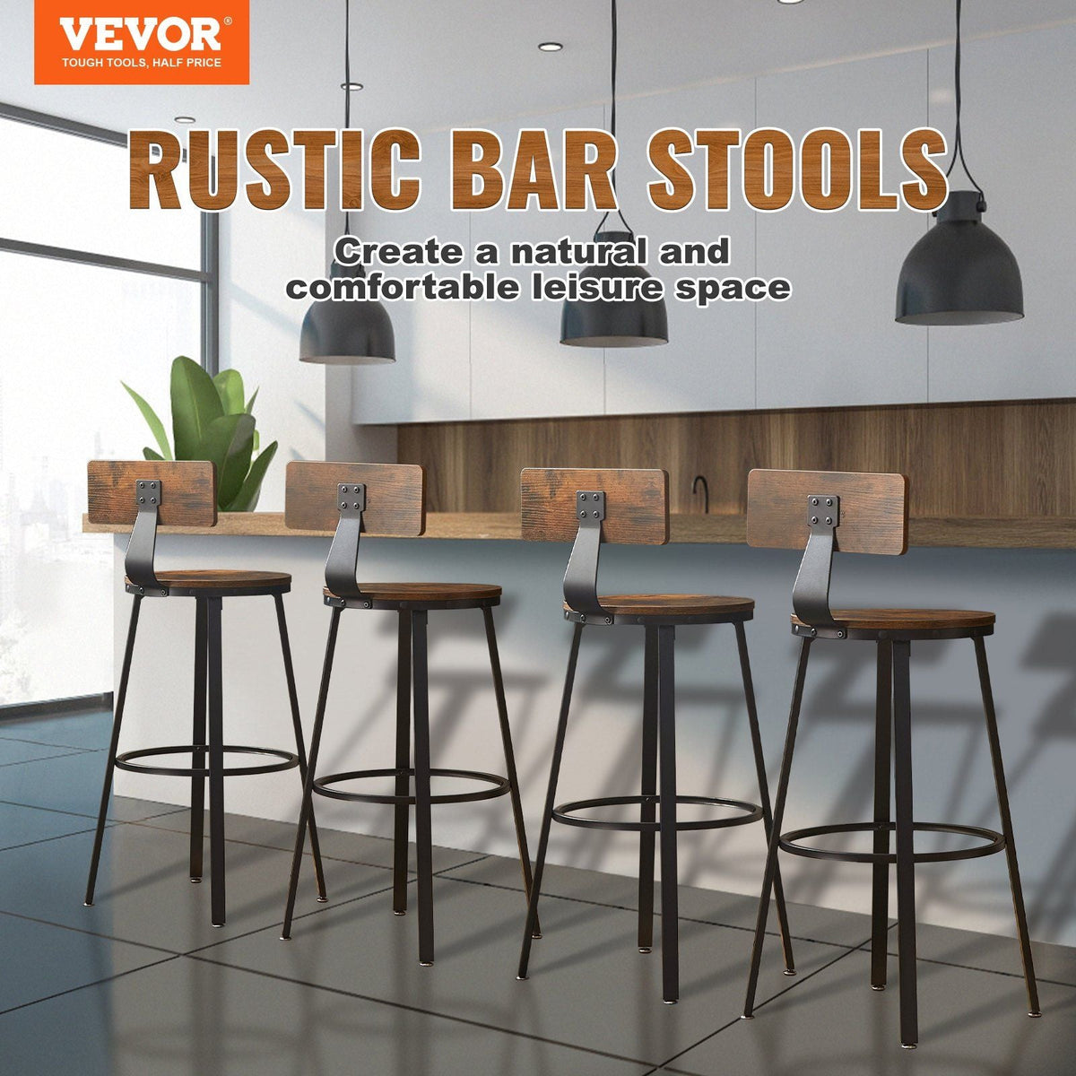 Rustic Bar Stools Counter Height Round Bar Chairs with Backrest 29" 2 Set