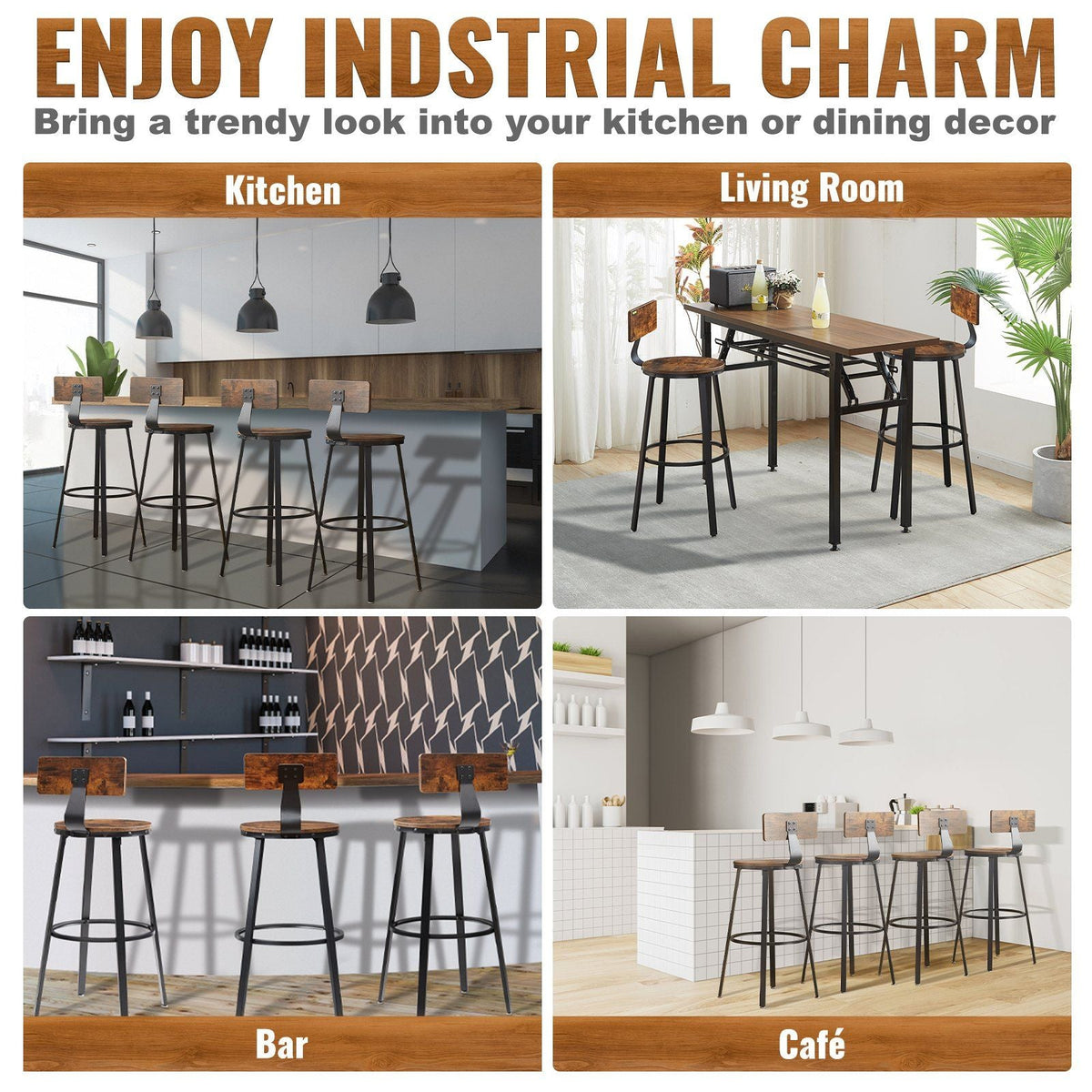 Rustic Bar Stools Counter Height Round Bar Chairs with Backrest 29" 2 Set
