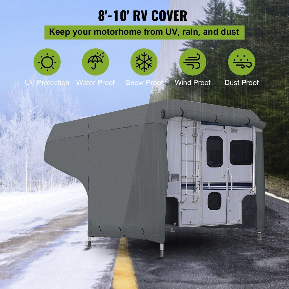 RV Cover, 8'-10' Travel Trailer RV Cover, Windproof RV & Trailer Cover, Extra-Thick 4 Layers Durable Camper Cover, Waterproof Ripstop Anti-UV for RV Motorhome with Adhesive Patch & Storage Bag