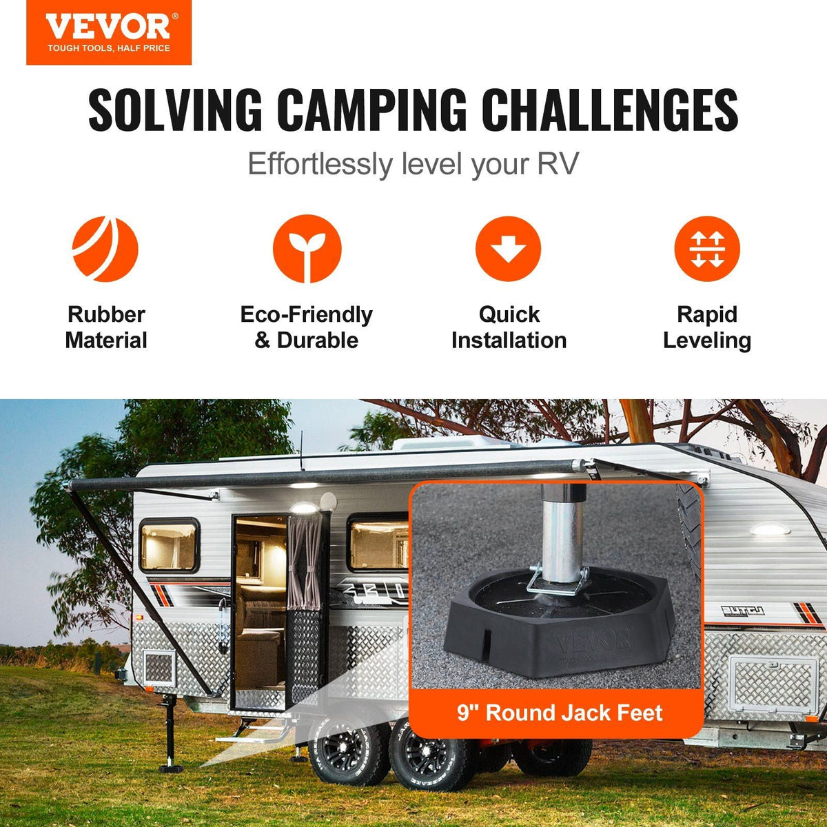 RV Leveling Pads, 9 Inch Round Landing Feet, Permanent Attached Jack Stabilizers, Rubber Jack Pads, 5000 lbs Capacity per RV Jack Pad, 5th Wheels, Travel Trailers, Class A/C Motorhomes (4-Pack)