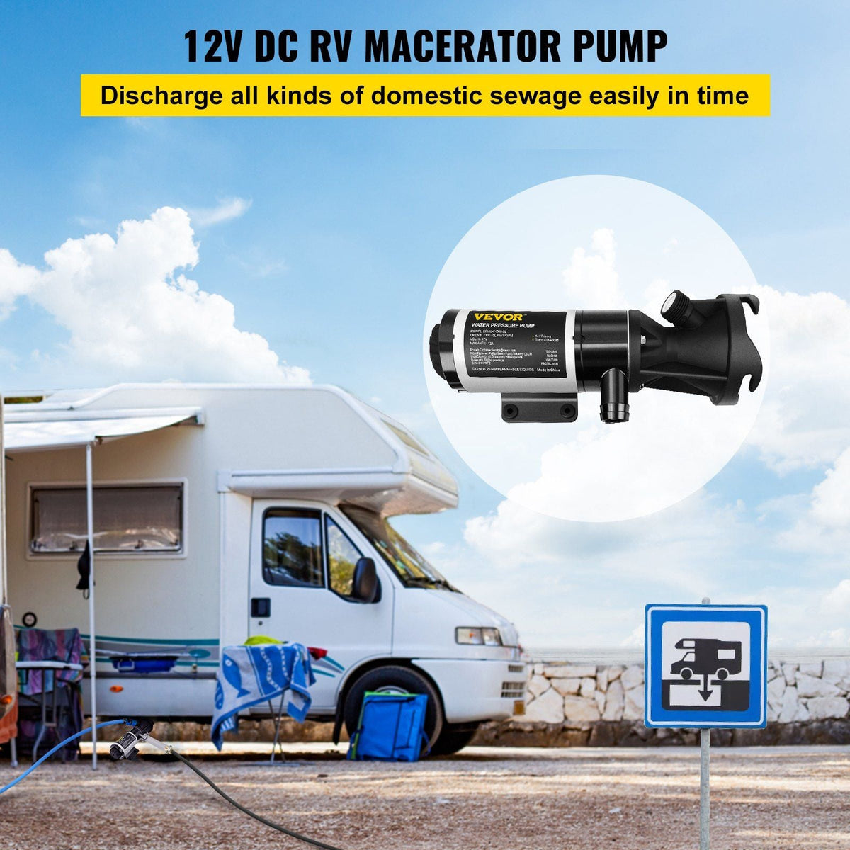 RV Macerator Pump, 12V 12GPM Self-priming Water Waste Pumps w/RV Connector & Hose, 16 ft Lifting Height, 60s Dry Run Quick Release, Fresh Water Rinse & Manual Crushing Function, for RV Yacht