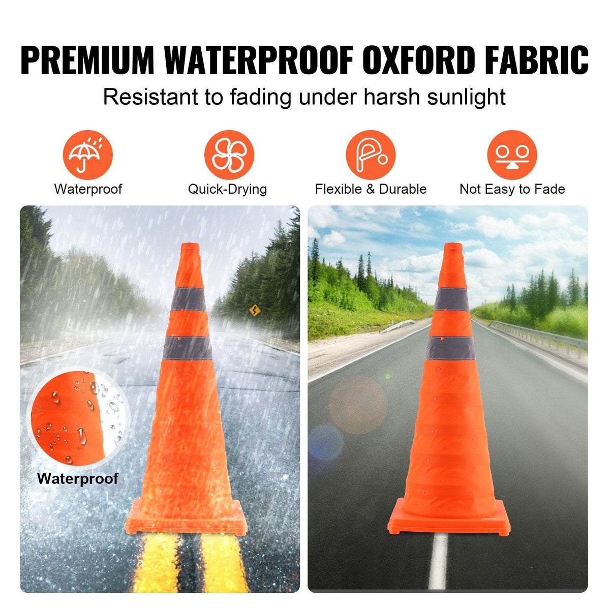 Safety Cones, 2 Pack 28 inch Collapsible Traffic Cones, Construction Cones with Reflective Collars, Wide Base and A Storage Bag, for Traffic Control, Driving Training, Parking Lots