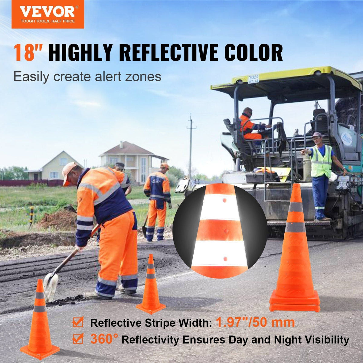 Safety Cones, 2 Pack 28 inch Collapsible Traffic Cones, Construction Cones with Reflective Collars, Wide Base and A Storage Bag, for Traffic Control, Driving Training, Parking Lots