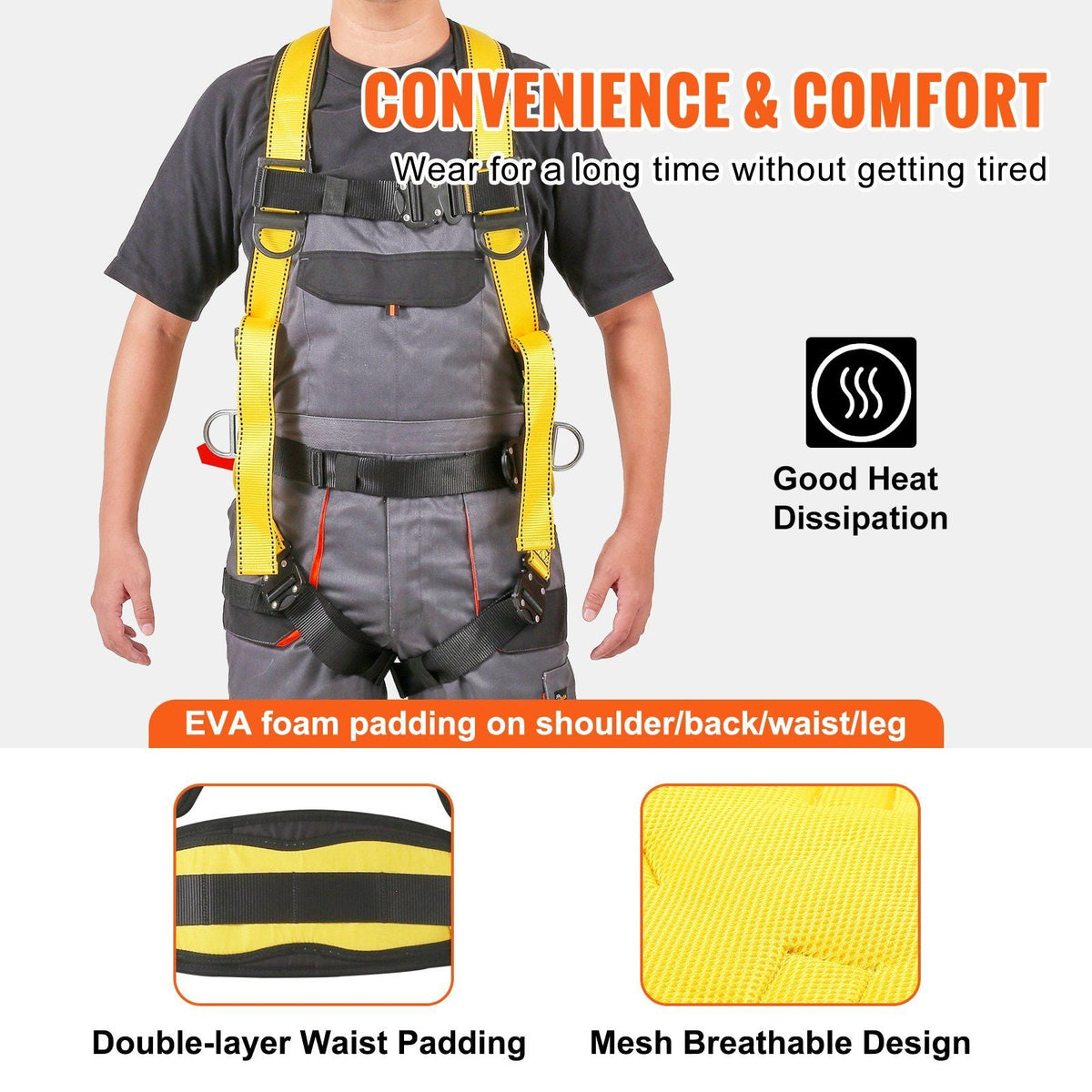 Safety Harness, Full Body Harness, Safety Harness Fall Protection with Added Padding, and Side Rings and Dorsal D-Rings and a Lanyard, ANSI/ASSE Z359.11-2014, 240 lbs Max Weight, M