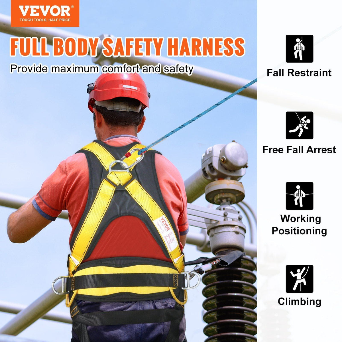 Safety Harness, Full Body Harness, Safety Harness Fall Protection with Added Padding, and Side Rings and Dorsal D-Rings and a Lanyard, ANSI/ASSE Z359.11-2014, 240 lbs Max Weight, M