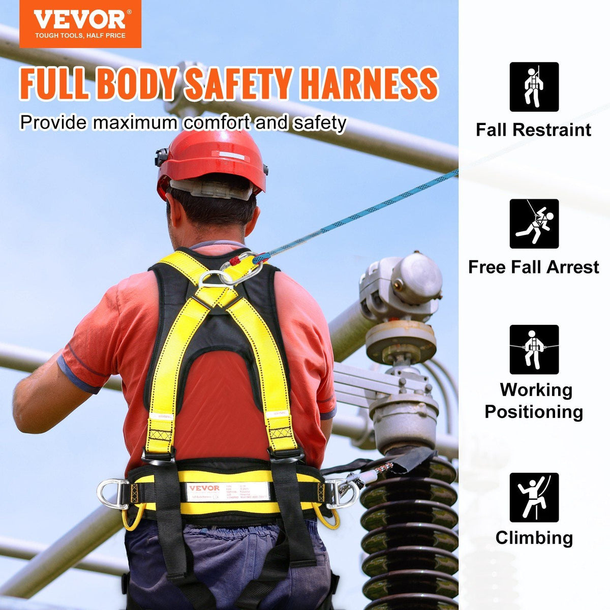Safety Harness, Universal Full Body Harness, Detachable Safety Harness Fall Protection with Added Padding on Shoulder, Back, Waist, Legs, and 5 D-Rings, ANSI/ASSE Z359.11, 340 lbs