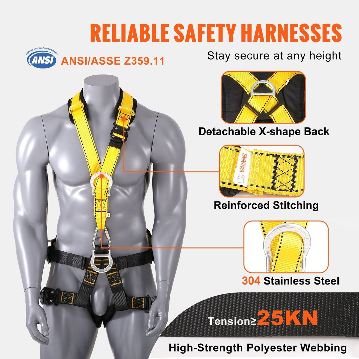 Safety Harness, Universal Full Body Harness, Detachable Safety Harness Fall Protection with Added Padding on Shoulder, Back, Waist, Legs, and 5 D-Rings, ANSI/ASSE Z359.11, 340 lbs