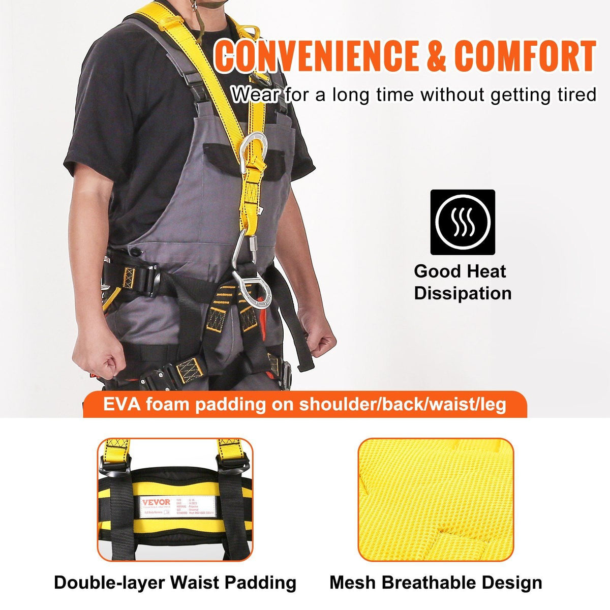 Safety Harness, Universal Full Body Harness, Detachable Safety Harness Fall Protection with Added Padding on Shoulder, Back, Waist, Legs, and 5 D-Rings, ANSI/ASSE Z359.11, 340 lbs