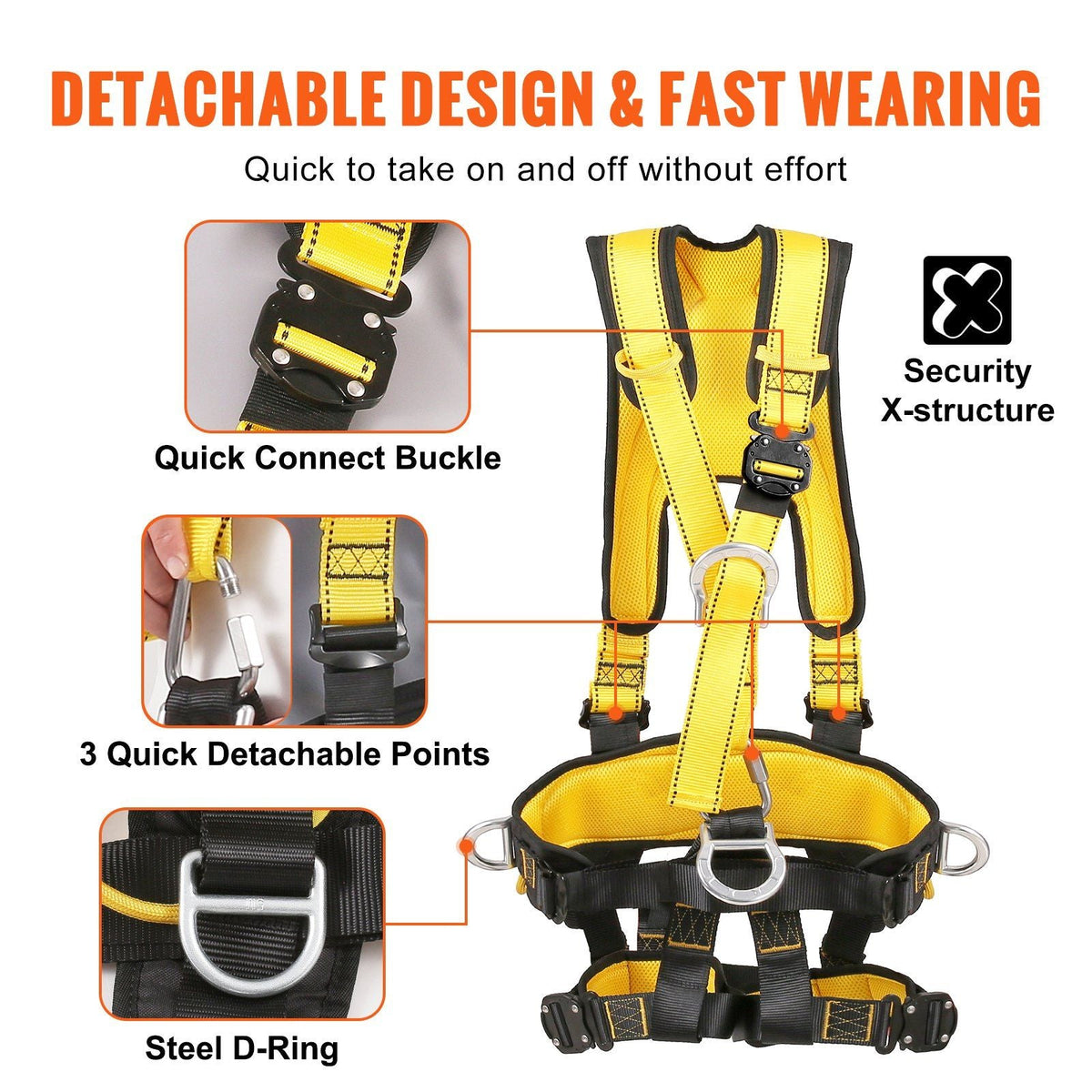Safety Harness, Universal Full Body Harness, Detachable Safety Harness Fall Protection with Added Padding on Shoulder, Back, Waist, Legs, and 5 D-Rings, ANSI/ASSE Z359.11, 340 lbs