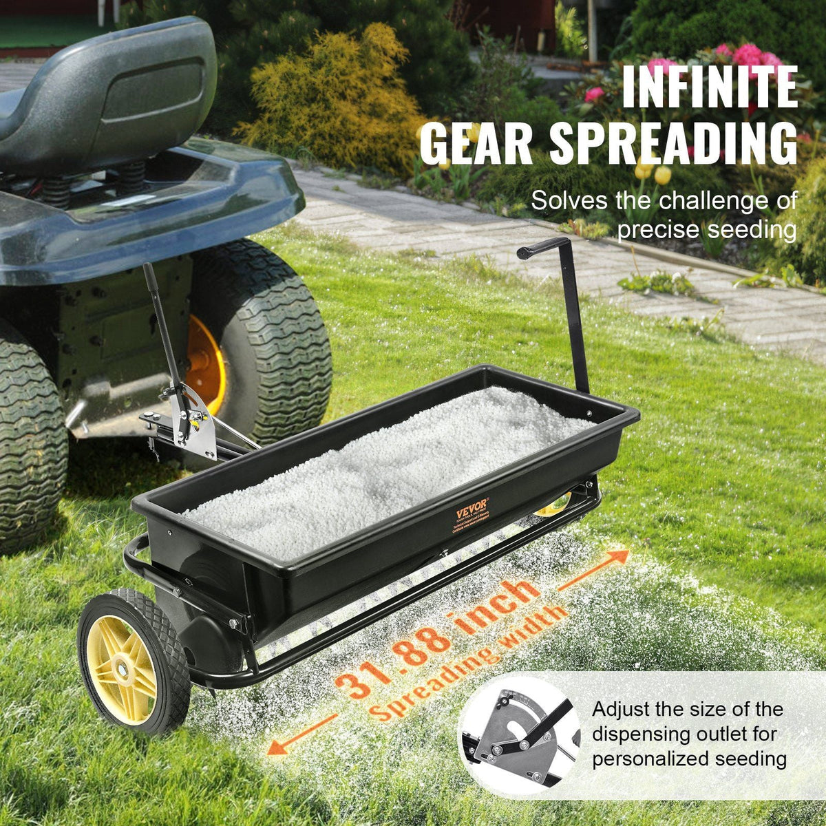 Seed Spreader, 100 LB Capacity, Towable Poly Drop Design with 10" Wheels, Durable Steel Spike Aerator, for Efficient Fertilizing, Seeding, and Salt Distribution, Ideal for Home, Farm Use, Rug