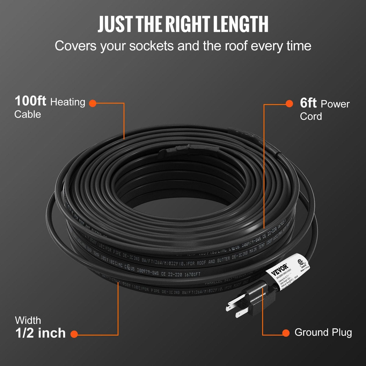 Self-Regulating Pipe Heating Cable, 100-feet 5W/ft Heat Tape for Pipes, Roof Snow Melting De-icing, Gutter and Pipe Freeze Protection, 120V