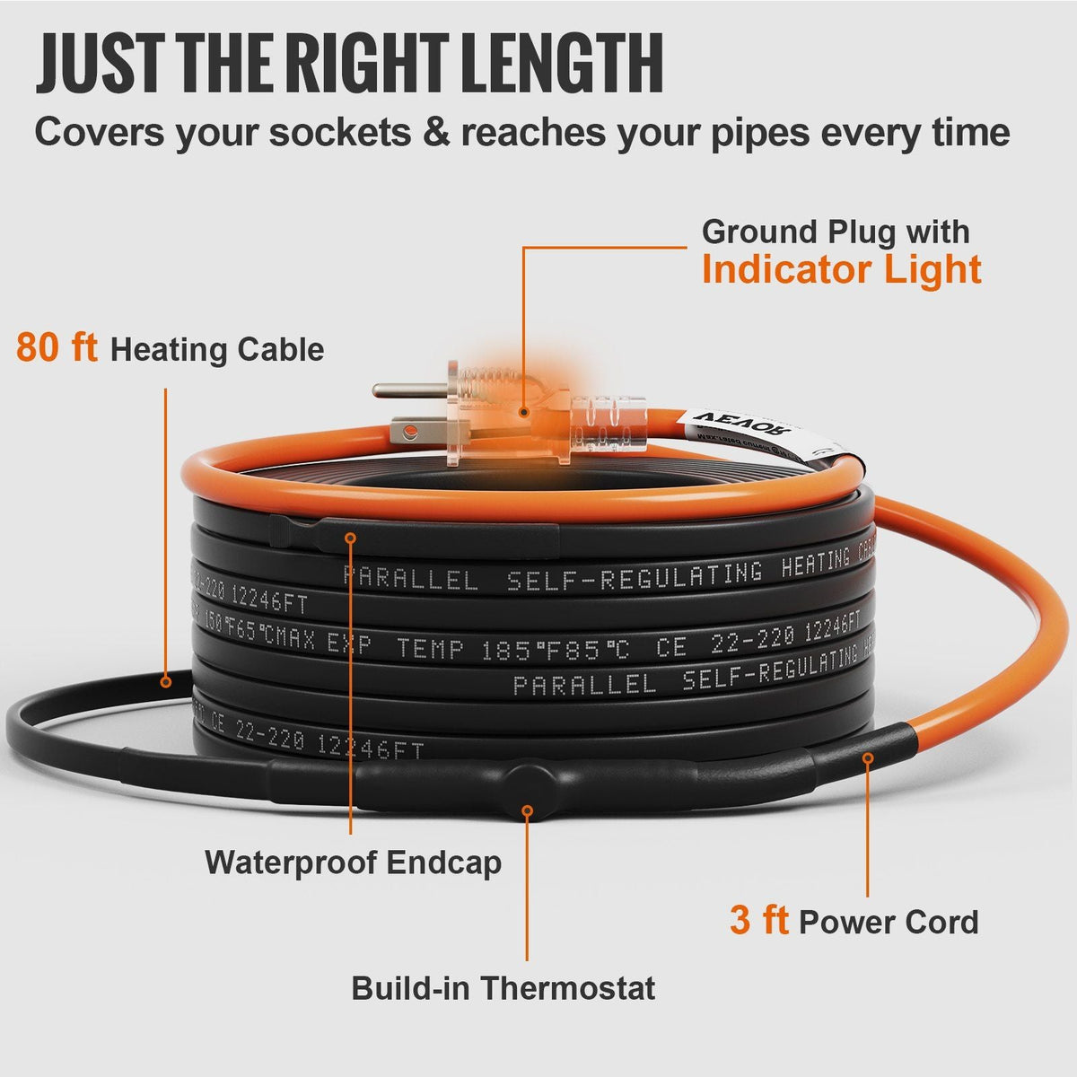 Self-Regulating Pipe Heating Cable, 80-feet 5W/ft Heat Tape for Pipes Freeze Protection, Protects PVC Hose, Metal and Plastic Pipe from Freezing, 120V