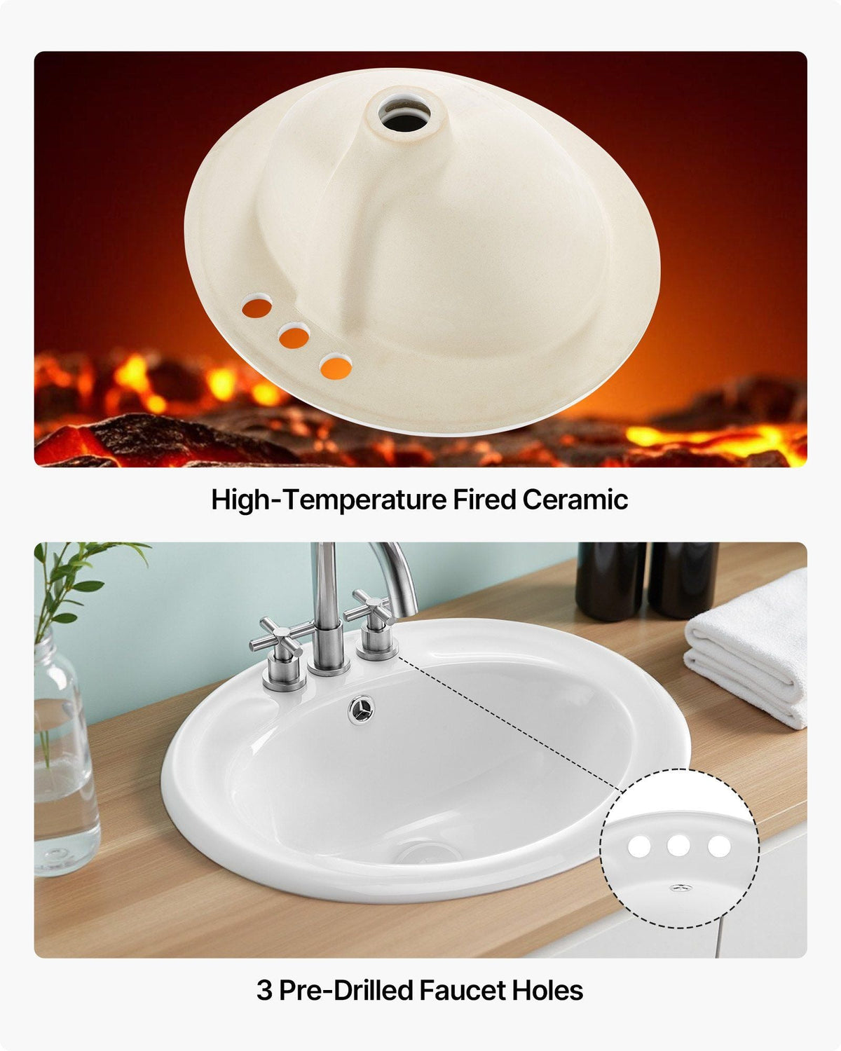 Semi Recessed Bathroom Sink, 19.09 x 16.73 Inch Oval White Ceramic Vessel Sink with Overflow Hole and 3 Faucet Holes, Drop in Modern Lavatory Vanity Bath Wash Bowl Basin, Ideal for Small Spaces