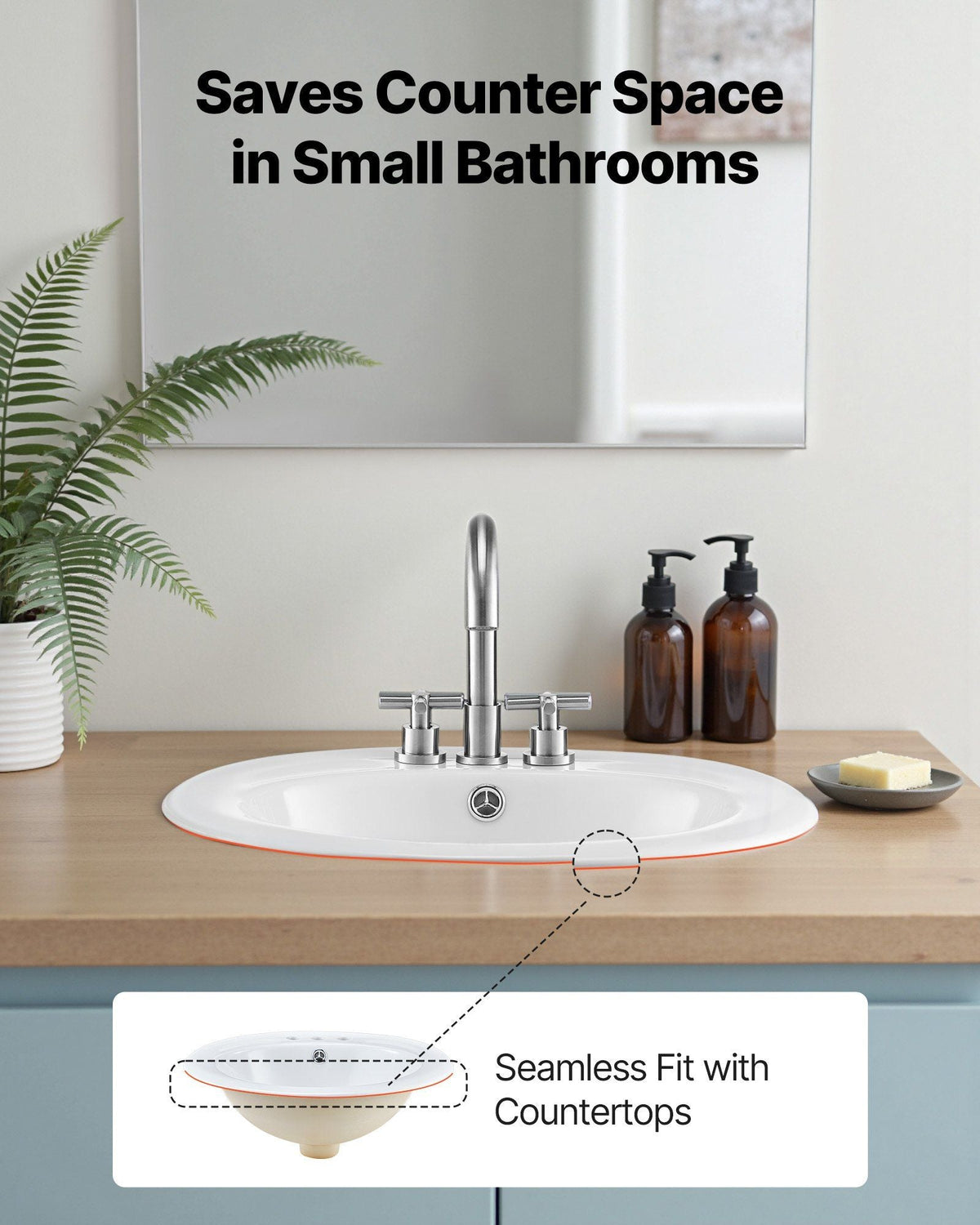 Semi Recessed Bathroom Sink, 19.09 x 16.73 Inch Oval White Ceramic Vessel Sink with Overflow Hole and 3 Faucet Holes, Drop in Modern Lavatory Vanity Bath Wash Bowl Basin, Ideal for Small Spaces