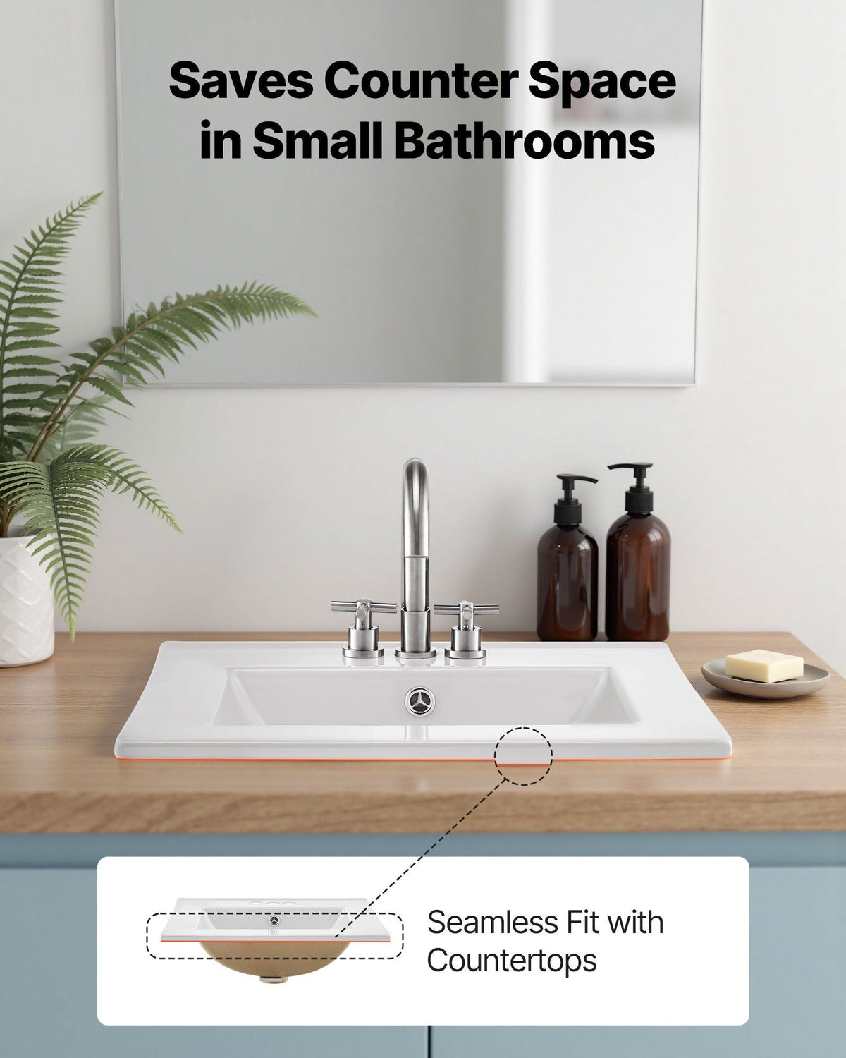 Semi Recessed Bathroom Sink, 20.08 x 18.31 Inch Rectangular White Ceramic Vessel Sink with Overflow and 3 Faucet Holes, Drop in Modern Lavatory Vanity Bath Wash Bowl Basin Rectangle Small Space
