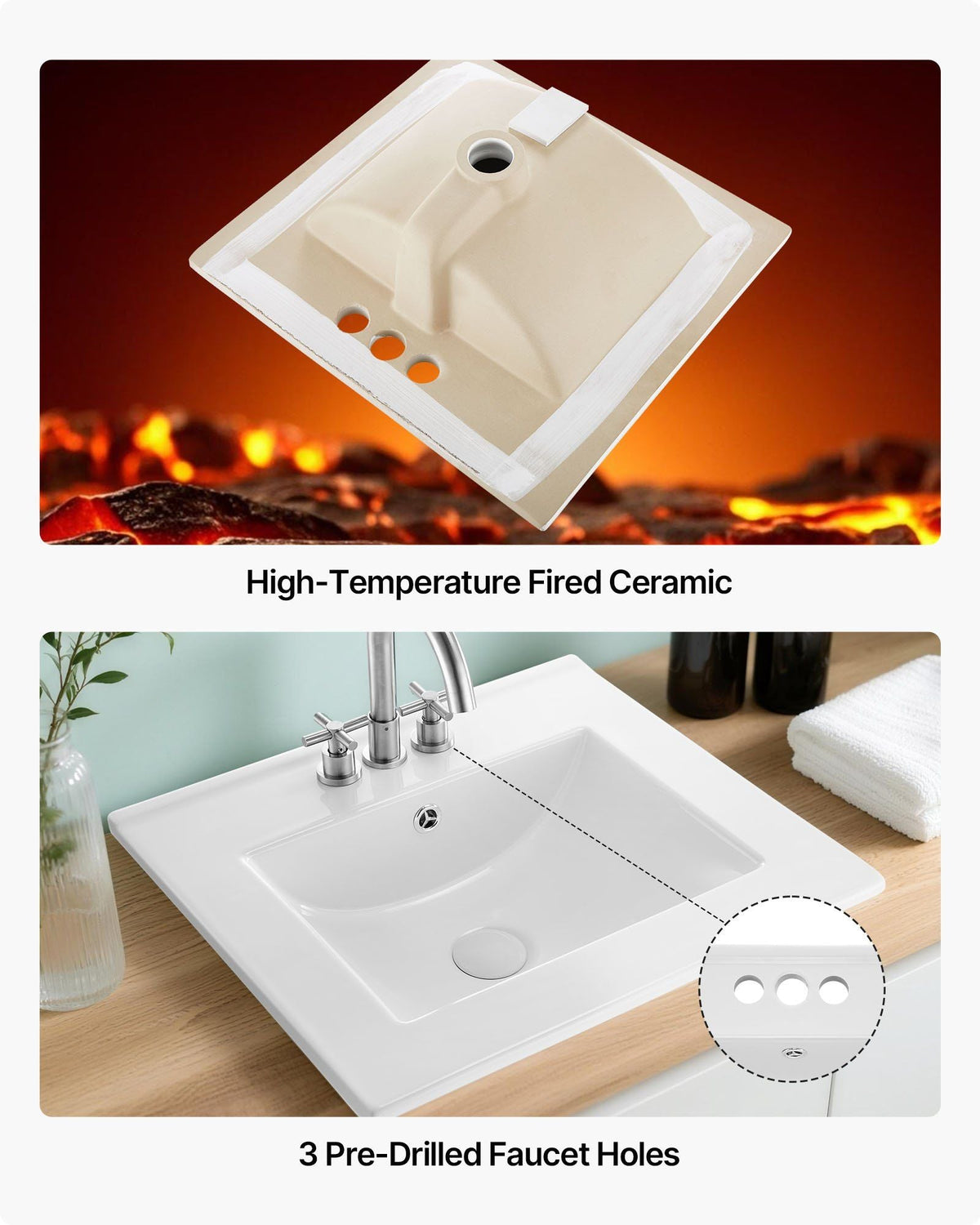 Semi Recessed Bathroom Sink, 20.08 x 18.31 Inch Rectangular White Ceramic Vessel Sink with Overflow and 3 Faucet Holes, Drop in Modern Lavatory Vanity Bath Wash Bowl Basin Rectangle Small Space