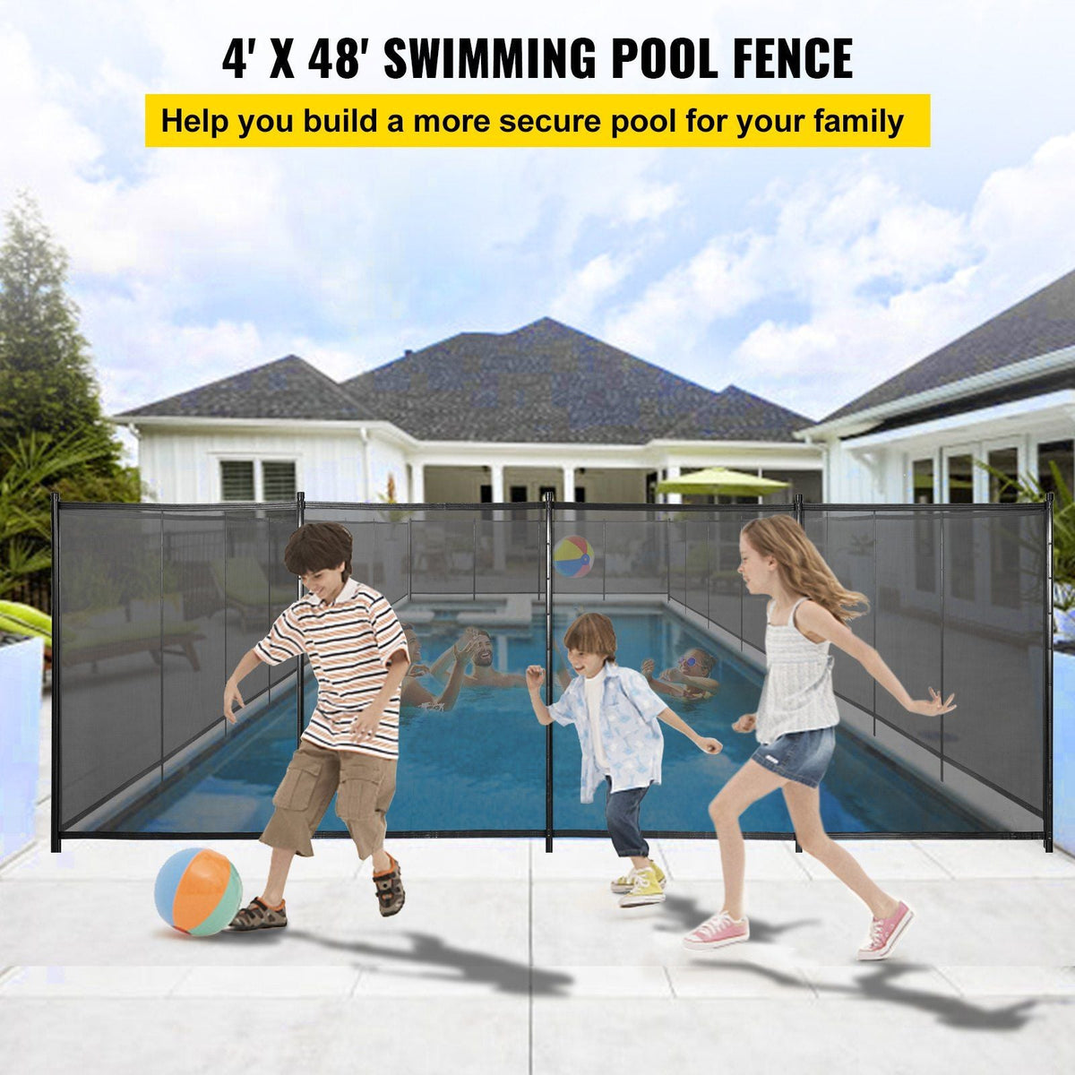 Sentry Security Pool Fence 4x48 ft Removable Pool Fence Hole Size 1.1x 3.5 in Pool Fences for In-ground Pools 44 Sleeves Pool Fence DIY by Life Saver Fencing Section Kit Black