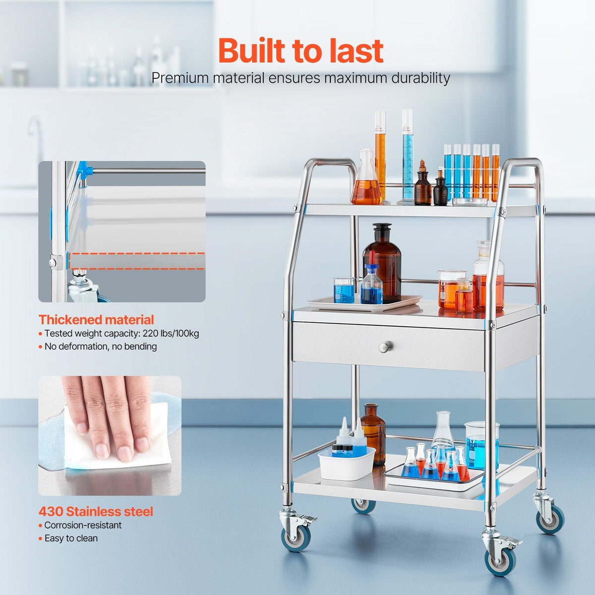Service Cart, 3 Layers Stainless Steel Utility Rolling Cart with Drawer, Lockable Wheels, Ideal for Laboratory, Hospital, Dental Use