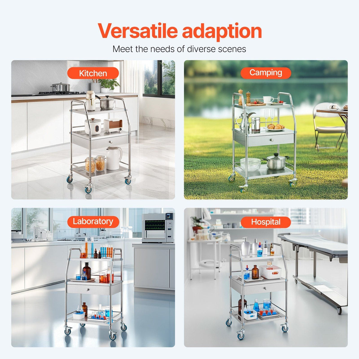 Service Cart, 3 Layers Stainless Steel Utility Rolling Cart with Drawer, Lockable Wheels, Ideal for Laboratory, Hospital, Dental Use