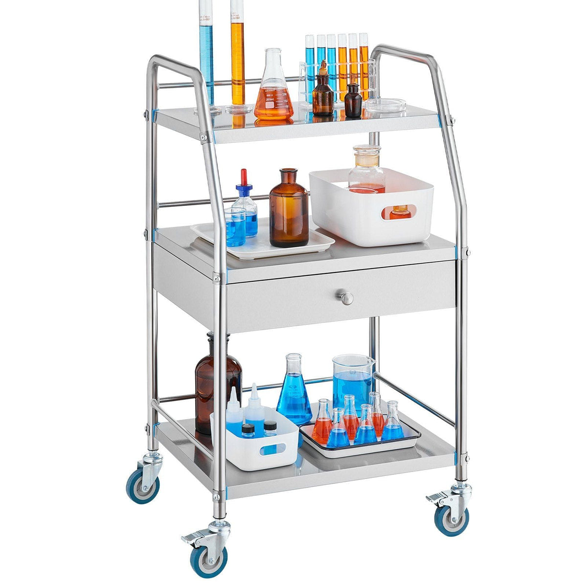 Service Cart, 3 Layers Stainless Steel Utility Rolling Cart with Drawer, Lockable Wheels, Ideal for Laboratory, Hospital, Dental Use