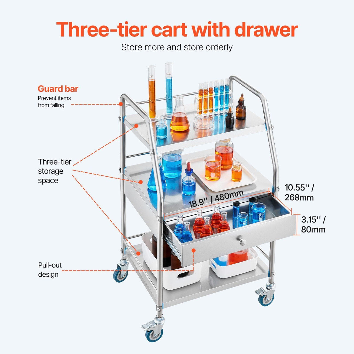 Service Cart, 3 Layers Stainless Steel Utility Rolling Cart with Drawer, Lockable Wheels, Ideal for Laboratory, Hospital, Dental Use