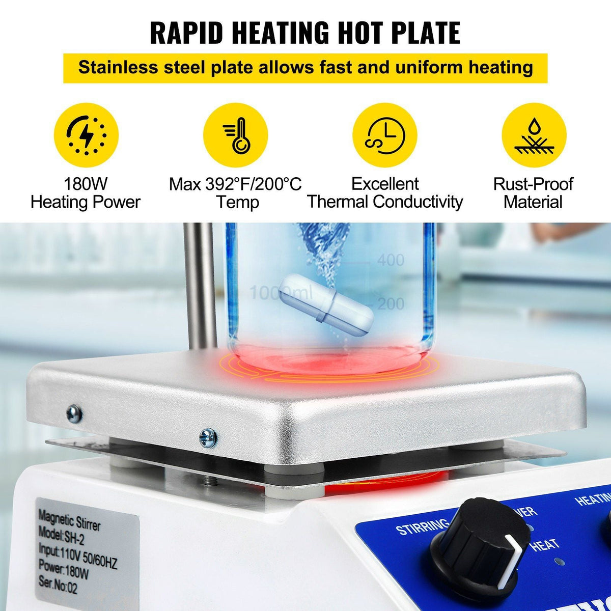 SH-2 Magnetic Stirrer, 0-2000 RPM, 1000ml Mixing Capacity Laboratory Magnetic Stirrer Hotplate w/ Stand, 180W Heating Power 380°C Max Heating Temperature, for Lab Liquid Mixing Heating