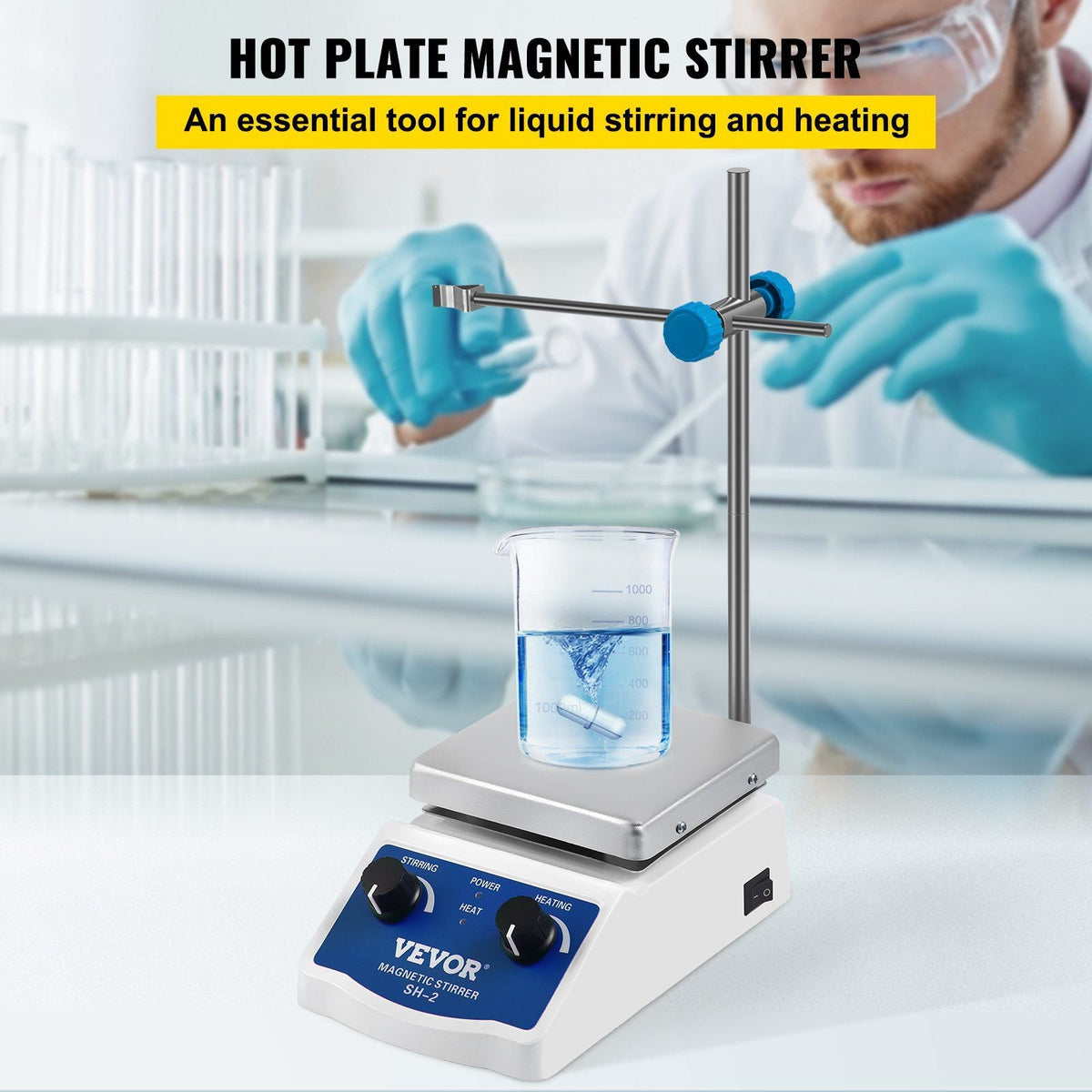 SH-2 Magnetic Stirrer, 0-2000 RPM, 1000ml Mixing Capacity Laboratory Magnetic Stirrer Hotplate w/ Stand, 180W Heating Power 380°C Max Heating Temperature, for Lab Liquid Mixing Heating