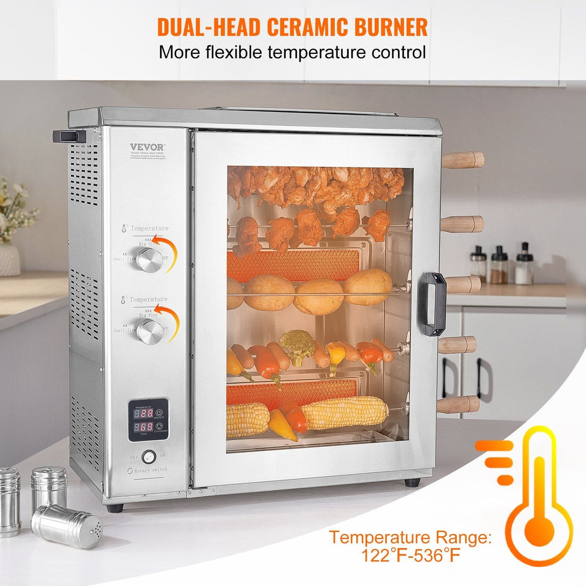 Shawarma Grill Machine, 5 Strings of Barbecue Capacity, Chicken Shawarma Cooker Machine with 2 Burners, Gas Vertical Broiler Gyro Rotisserie Oven Doner Kebab Machine, for Home Restaurant Kitchen