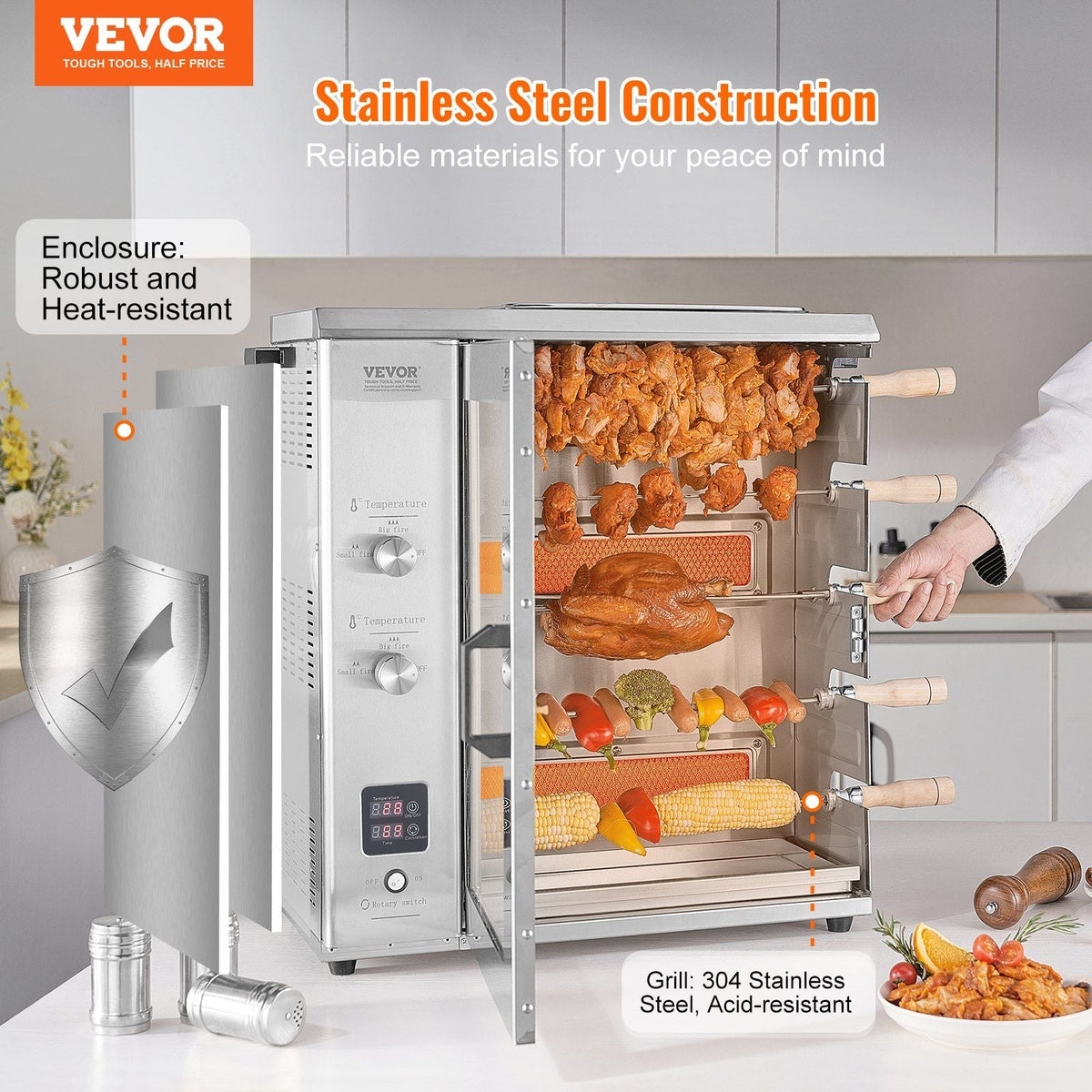 Shawarma Grill Machine, 5 Strings of Barbecue Capacity, Chicken Shawarma Cooker Machine with 2 Burners, Gas Vertical Broiler Gyro Rotisserie Oven Doner Kebab Machine, for Home Restaurant Kitchen