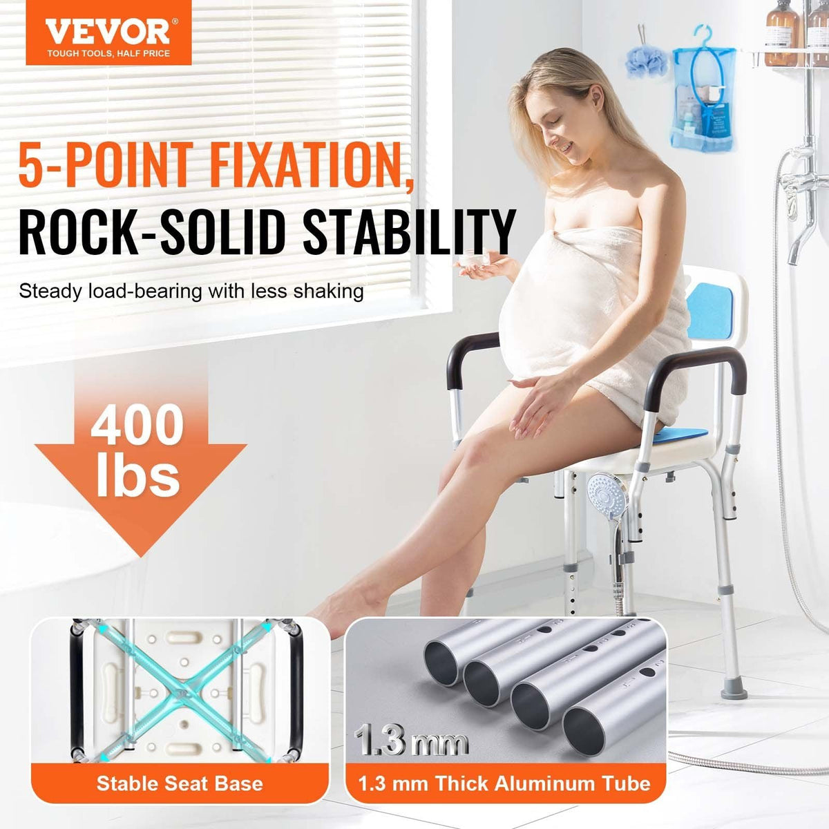 Shower Chair Seat with Padded Arms and Back, Shower Stool with Suction Feet, Shower Chair for Inside Shower Bathtub, Adjustable Height Bench Bath Chair for Elderly Disabled, 400 lbs Capacity