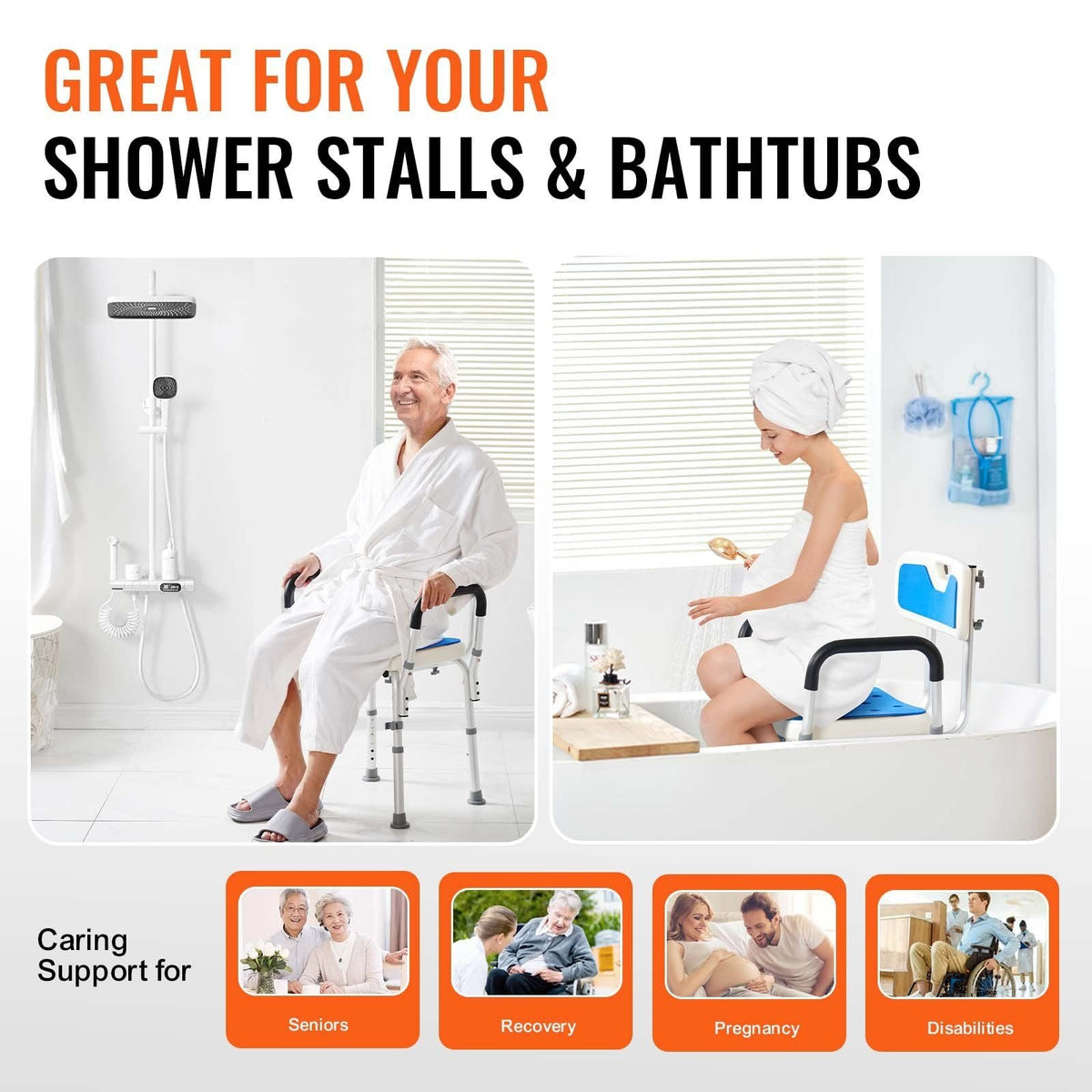 Shower Chair Seat with Padded Arms and Back, Shower Stool with Suction Feet, Shower Chair for Inside Shower Bathtub, Adjustable Height Bench Bath Chair for Elderly Disabled, 400 lbs Capacity