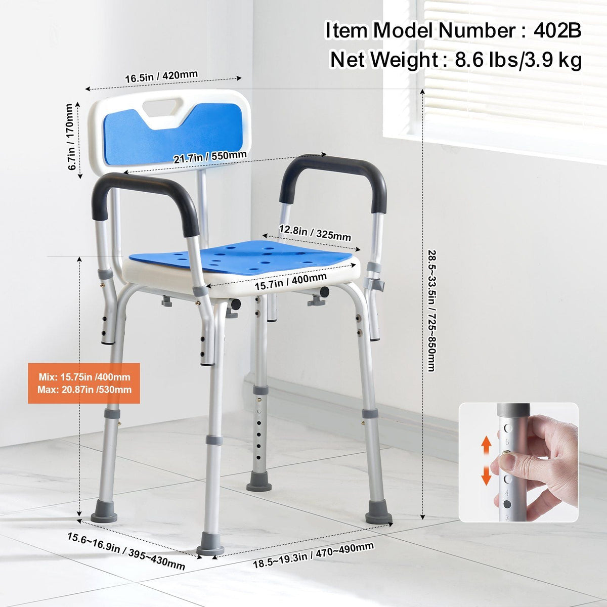 Shower Chair Seat with Padded Arms and Back, Shower Stool with Suction Feet, Shower Chair for Inside Shower Bathtub, Adjustable Height Bench Bath Chair for Elderly Disabled, 400 lbs Capacity