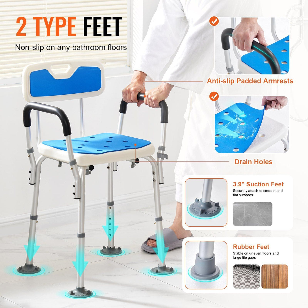 Shower Chair Seat with Padded Arms and Back, Shower Stool with Suction Feet, Shower Chair for Inside Shower Bathtub, Adjustable Height Bench Bath Chair for Elderly Disabled, 400 lbs Capacity