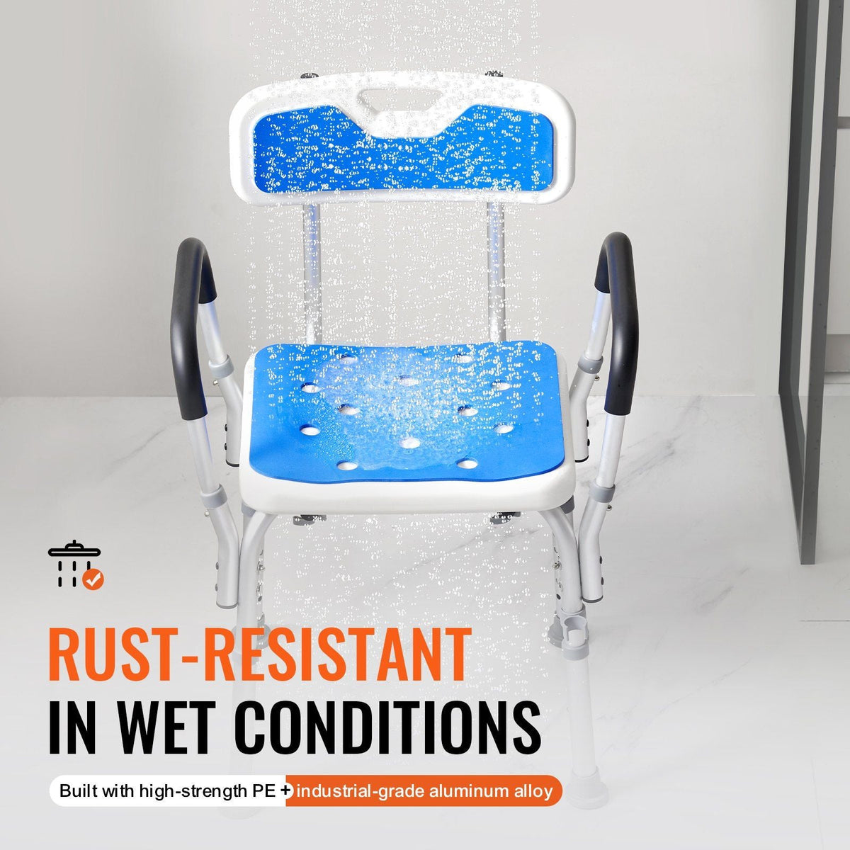 Shower Chair Seat with Padded Arms and Back, Shower Stool with Suction Feet, Shower Chair for Inside Shower Bathtub, Adjustable Height Bench Bath Chair for Elderly Disabled, 400 lbs Capacity