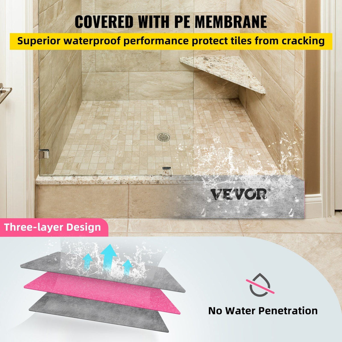 Shower Curb, 60'' x 4'' x 6'', Cuttable Waterproof XPS Foam Curb, Covering with PE Waterproof Membrane, Ready-to-tile with Thin-set Mortar, Perfect for Bathroom Decoration