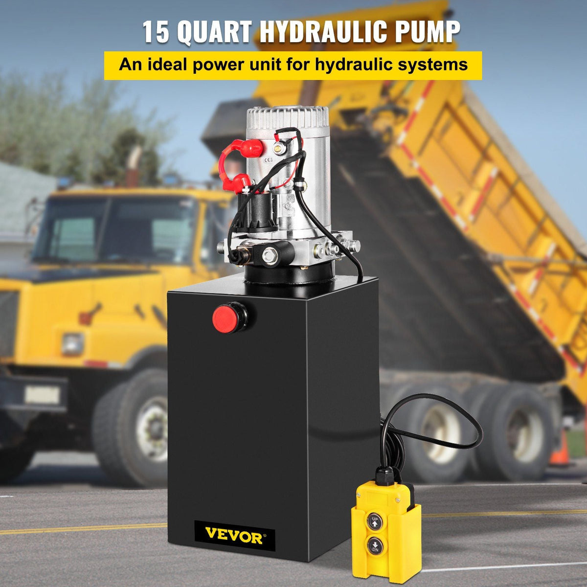 Single Acting Hydraulic Pump 12V DC Hydraulic Power Unit 3.75 Gallon Dump Trailer Pump Steel Hydraulic Power Unit (Steel, 15 Quart/Single Acting)