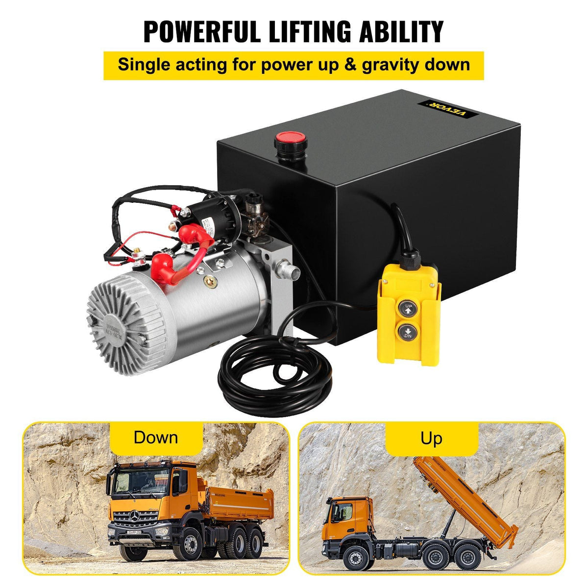 Single Acting Hydraulic Pump 12V DC Hydraulic Power Unit 3.75 Gallon Dump Trailer Pump Steel Hydraulic Power Unit (Steel, 15 Quart/Single Acting)
