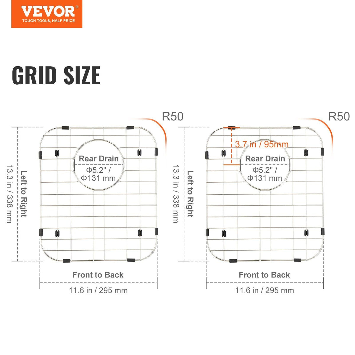 Sink Protector Grid 2PCS, 13.3"x11.6" Stainless Steel Sink Grates, Rear Drain Sink Grates with R50 Corner Radius, Large Sink Bottom Grids, Universal Bowl Rack Sink Accessories For Kitchen Sink